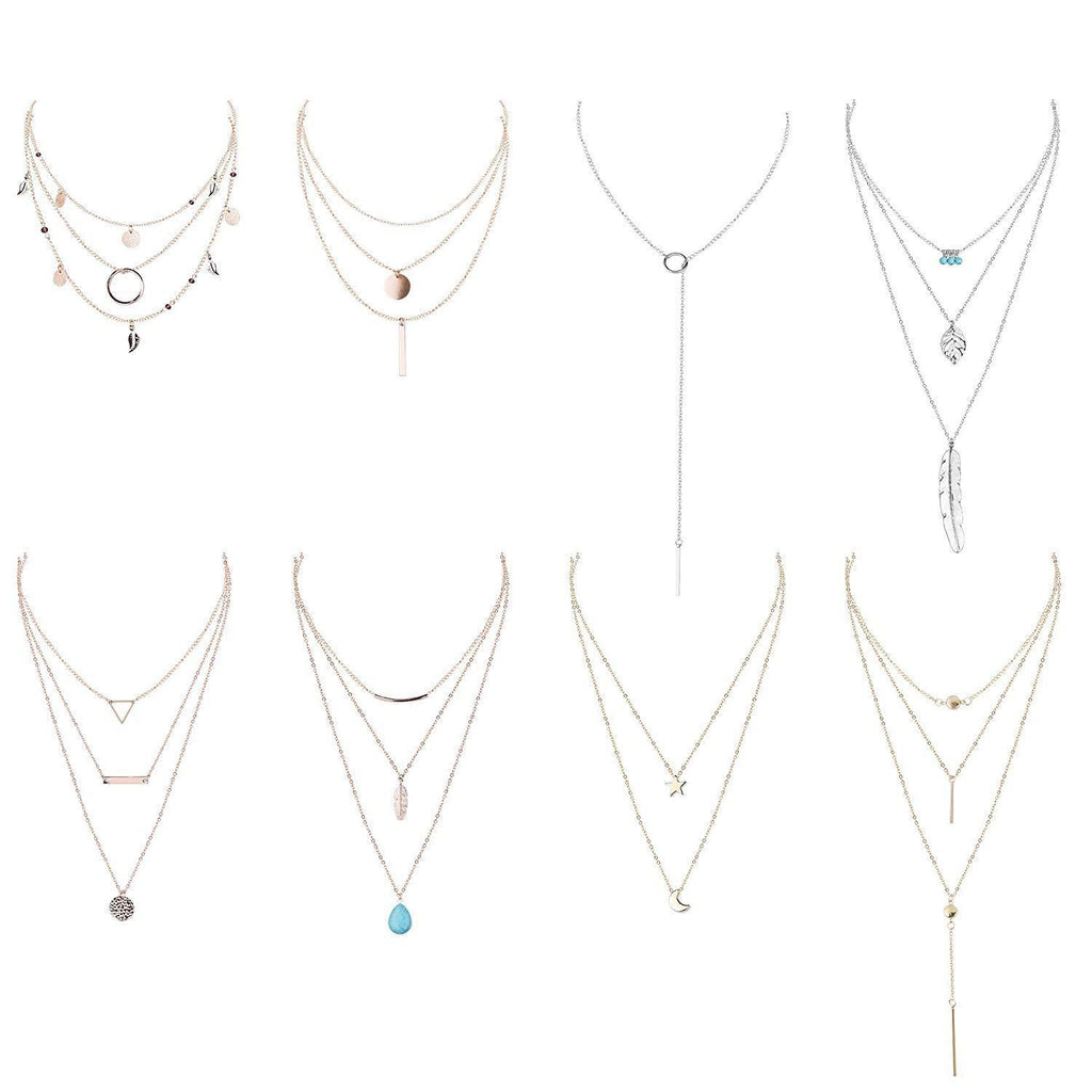 [Australia] - Finrezio 8 Pcs Layered Necklace Choker for Women Girls Sexy Long Chain Y Necklace Bar Feather Pendent Necklace 