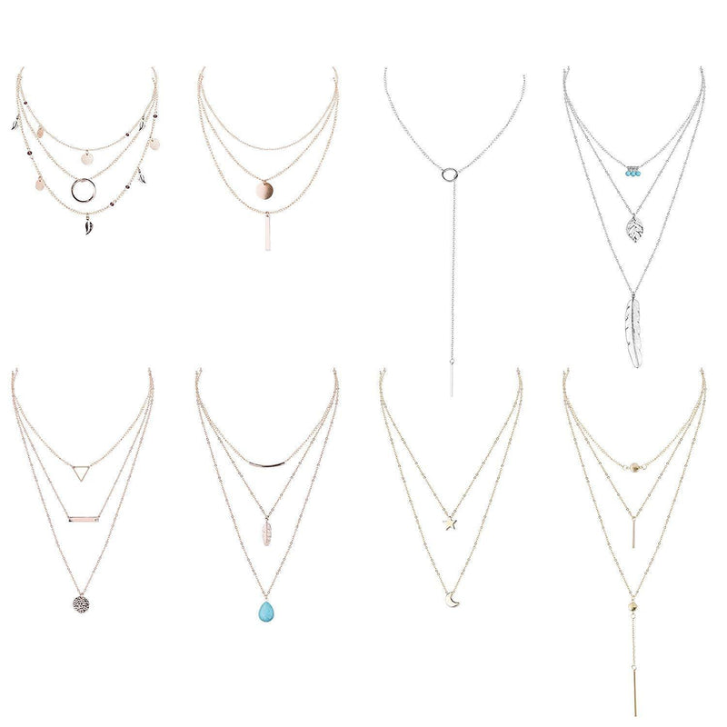 [Australia] - Finrezio 8 Pcs Layered Necklace Choker for Women Girls Sexy Long Chain Y Necklace Bar Feather Pendent Necklace 