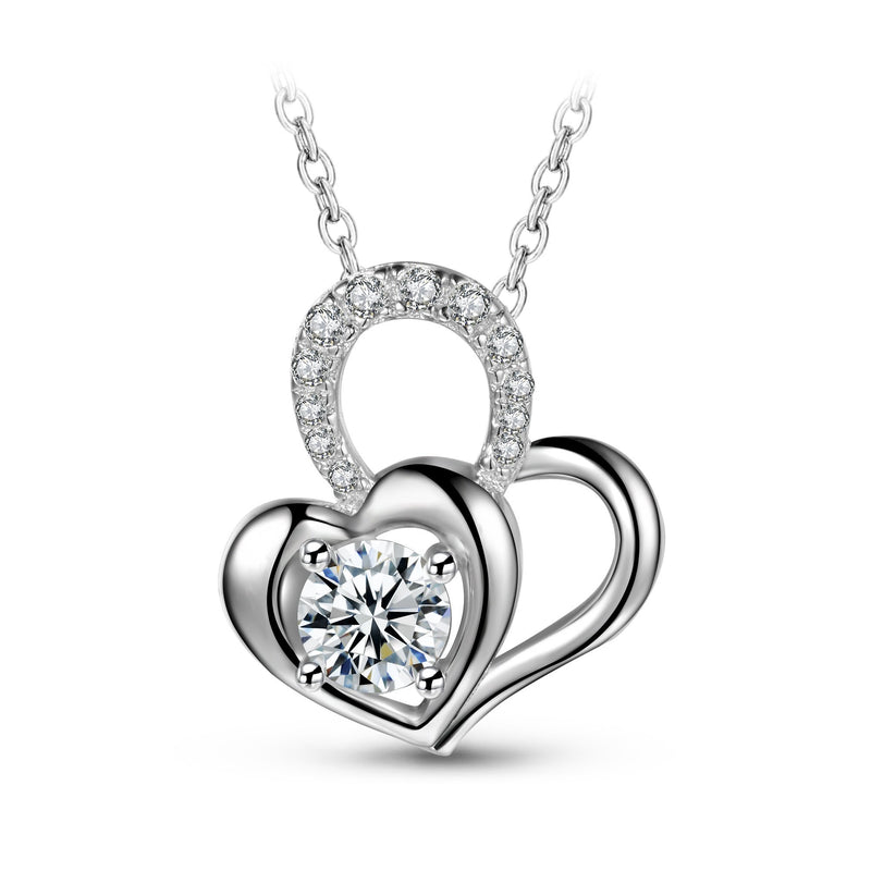 [Australia] - T400 Women Necklace 925 Sterling Silver Double Heart Cubic Zirconia Pendant Necklace Jewellery Birthday for Women with Gift Box,Chain Length: 18" 