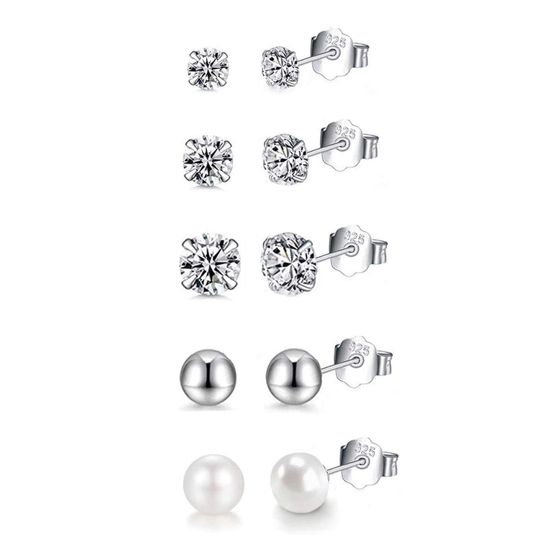 [Australia] - HAISWET Silver Earrings 925 Sterling Silver Ball Zircon Cartilage Sleeper Stud Set 3,4,5mm zircon&4mm ball&5mm pearl 