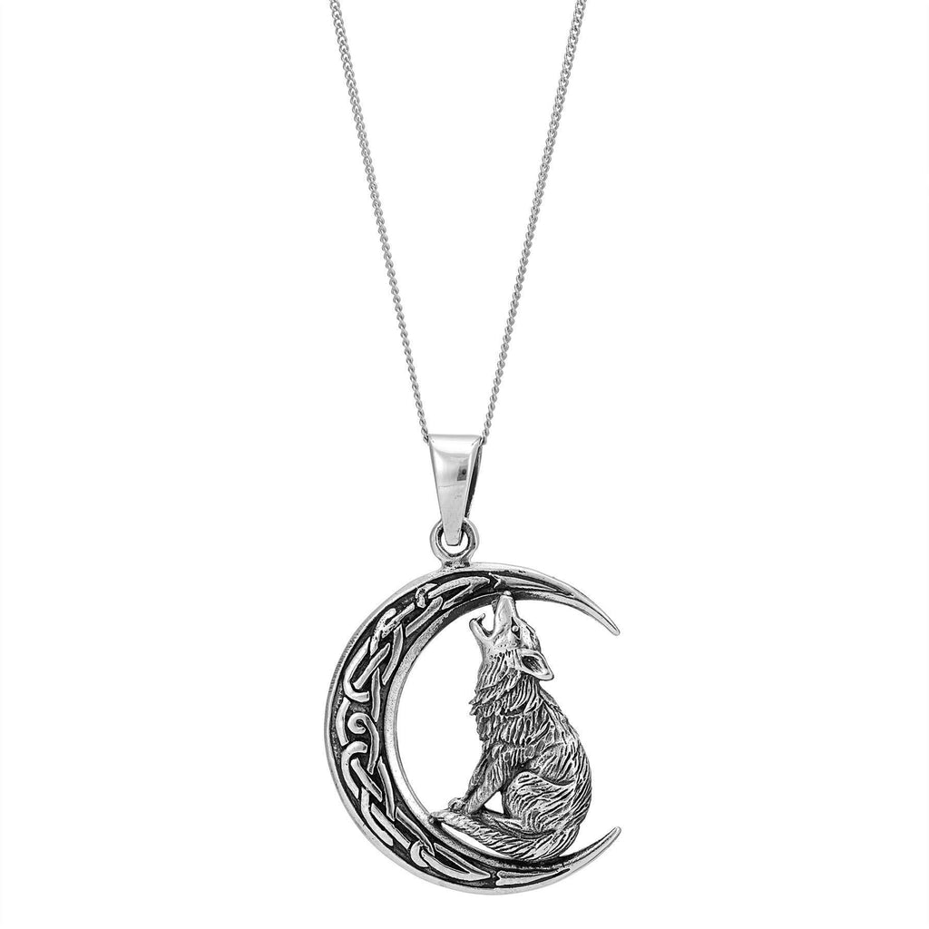 [Australia] - 81stgeneration Women's Men's .925 Sterling Silver Howling Wolf Moon Celtic Pendant Necklace, 18" 