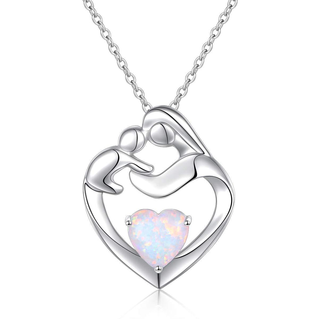 [Australia] - Flyow Real 925 Sterling Silver White/Rose Gold Plated Mother and Child Lab Opal Pendant Heart Necklace Jewelry for Women Mother, Best Christmas Gifts New Mum Gifts 