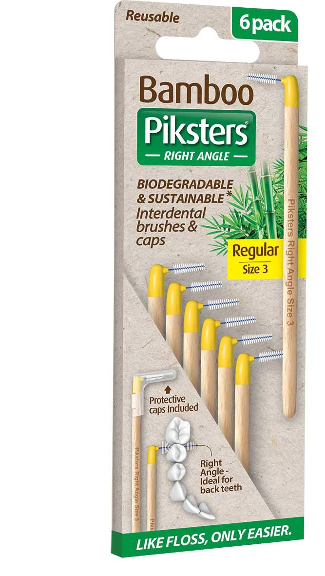 [Australia] - Bamboo Right Angle Piksters | Interdental Brushes | Sizes 00,1,3,5 | 6 Pack (6 Pack, Size 3 (Yellow)) 6 Count (Pack of 1) Size 3 (Yellow) 