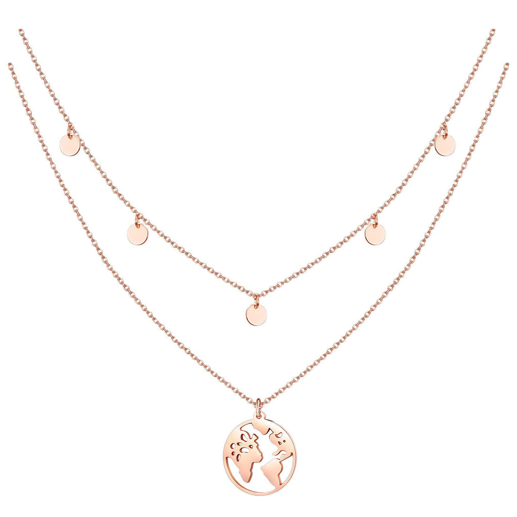 [Australia] - MILACOLATO 2pcs Ladies Globe Stainless Steel Necklace 5 Coin Necklace with Five Round Plates in Silver, Gold or Rose Gold,World Pendant Chain Length in 45 cm Rose Gold Tone 