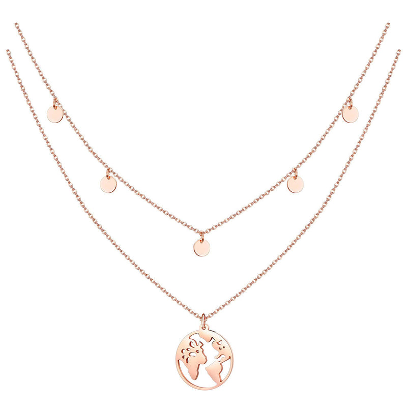 [Australia] - MILACOLATO 2pcs Ladies Globe Stainless Steel Necklace 5 Coin Necklace with Five Round Plates in Silver, Gold or Rose Gold,World Pendant Chain Length in 45 cm Rose Gold Tone 