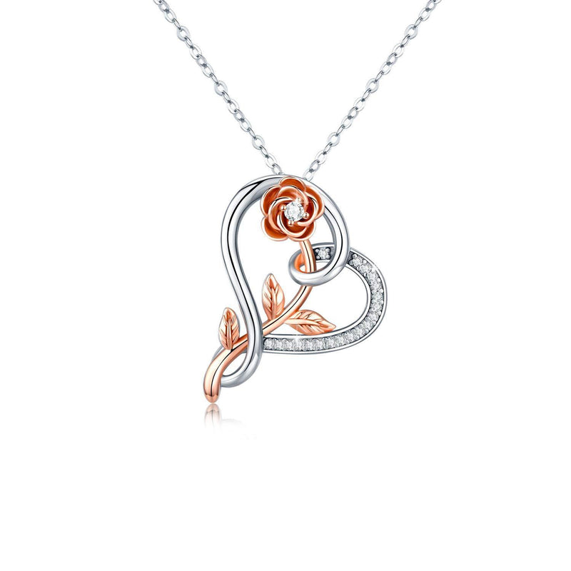 [Australia] - Rose Flower Necklace Heart Pendant, 925 Sterling Silver Love Heart Rose Gold Flower Necklaces Pendants Jewellery Gifts for Her Women Girl Anniversary Birthday Valentines Day 