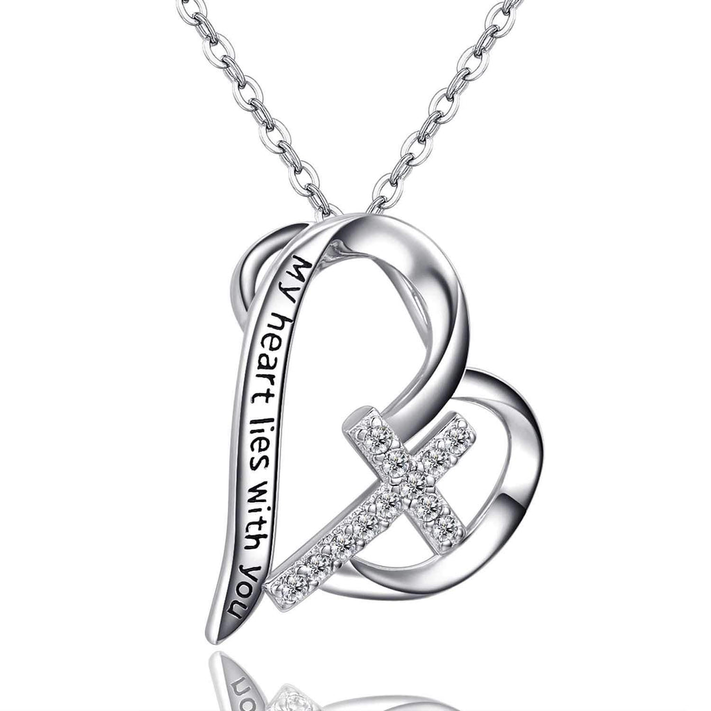 [Australia] - Heart Necklace Sterling Sliver, Love Heart Pendant Women Necklaces, Zirconia White Gold Plated Cross Necklace Pendant Jewellery Gifts for Women Girls, Faith Hope Love - Chain 18 Inch (Gifts Box) 