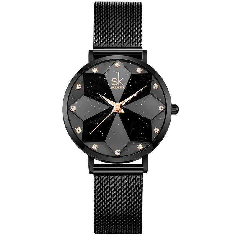 [Australia] - SHENGKE Creative Starry Sky Women Watch with Stainless Steel Mesh Band Genuine Leather Elegant Floral Women Watches Starry-mesh Band-black 