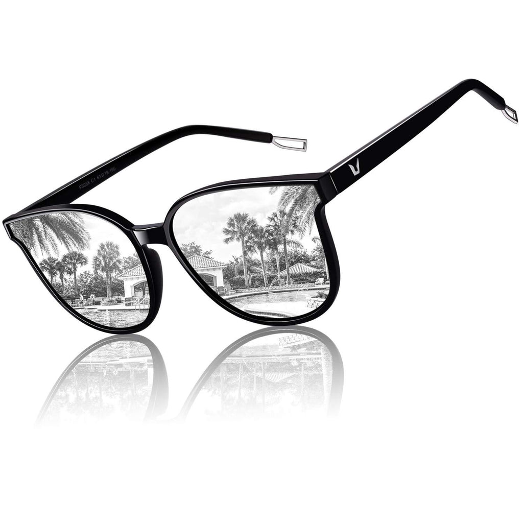 [Australia] - CGID Designer Polarised Womens Sunglasses Oversized Big Frame Ladies Sunglasses UV Protection Round Black Silver Mirrored 