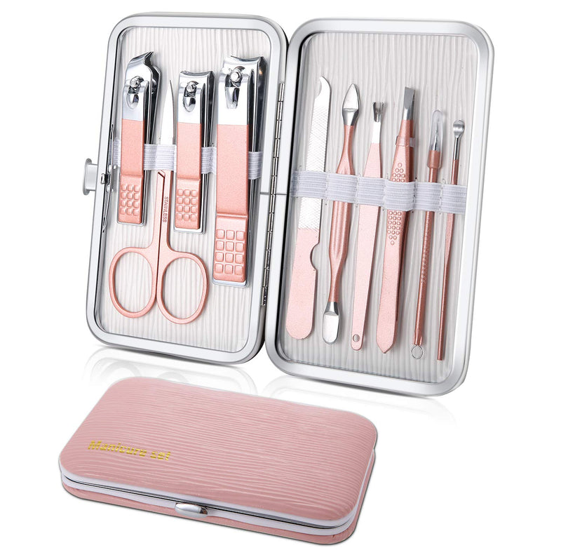 [Australia] - Manicure Set 10pcs Professional Nail Clippers Kit Pedicure Care Tools-Stainless Steel Grooming Tools for Travel (Pink) Pink 