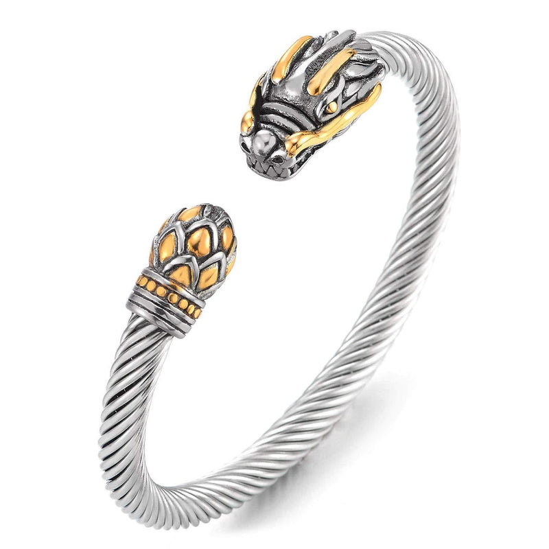 [Australia] - COOLSTEELANDBEYOND Adjustable Mens Silver Gold Dragon Bracelet, Steel Twisted Cable Bangle Cuff Bracelet, Polished 