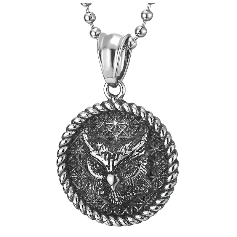 [Australia] - COOLSTEELANDBEYOND Mens Women Stainless Steel Vintage Owl Circle Medal Pendant Necklace with Wreath and Checker Pattern 