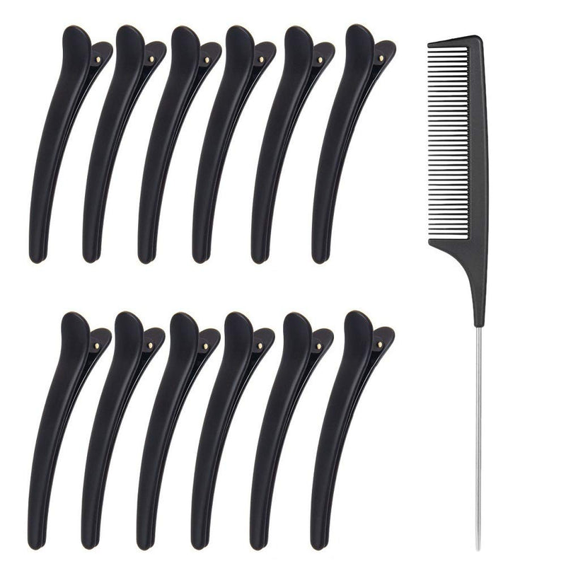 [Australia] - 12pcs Hair Sectioning Clips + 1pcs Antistatic Tail Comb, Hair Clamp Grips for Women Girls Hairdressing Styling Salon Tool (Clips & Comb Set) Black 