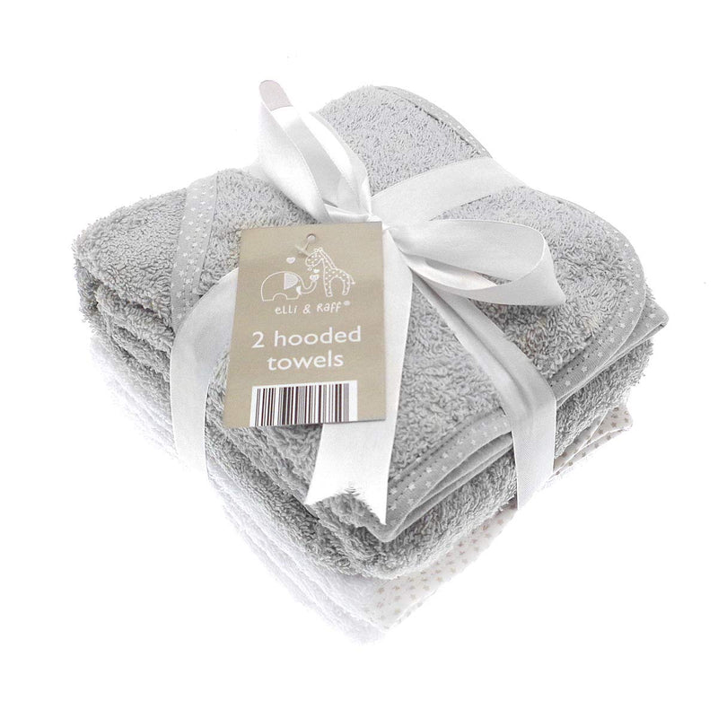 [Australia] - 2 Soft White Elli and Raff Baby Hooded Bath Time Towel 100% Cotton Baby Gift (Grey) 