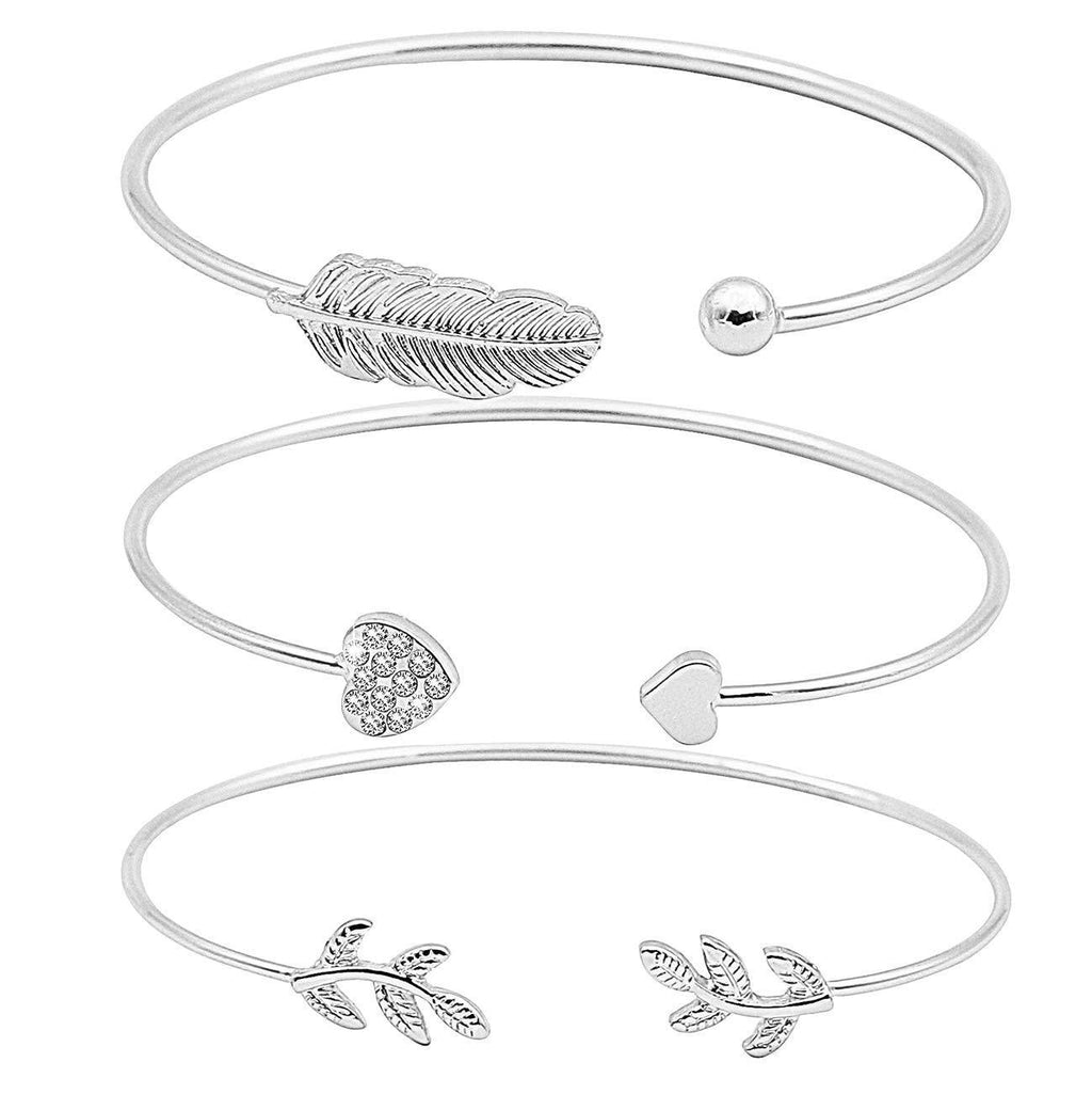 [Australia] - Gleamart 3Pcs Adjustable Cuff Bracelets for Women Simple Olive Leaf Feather Heart Bangle Set Silver 