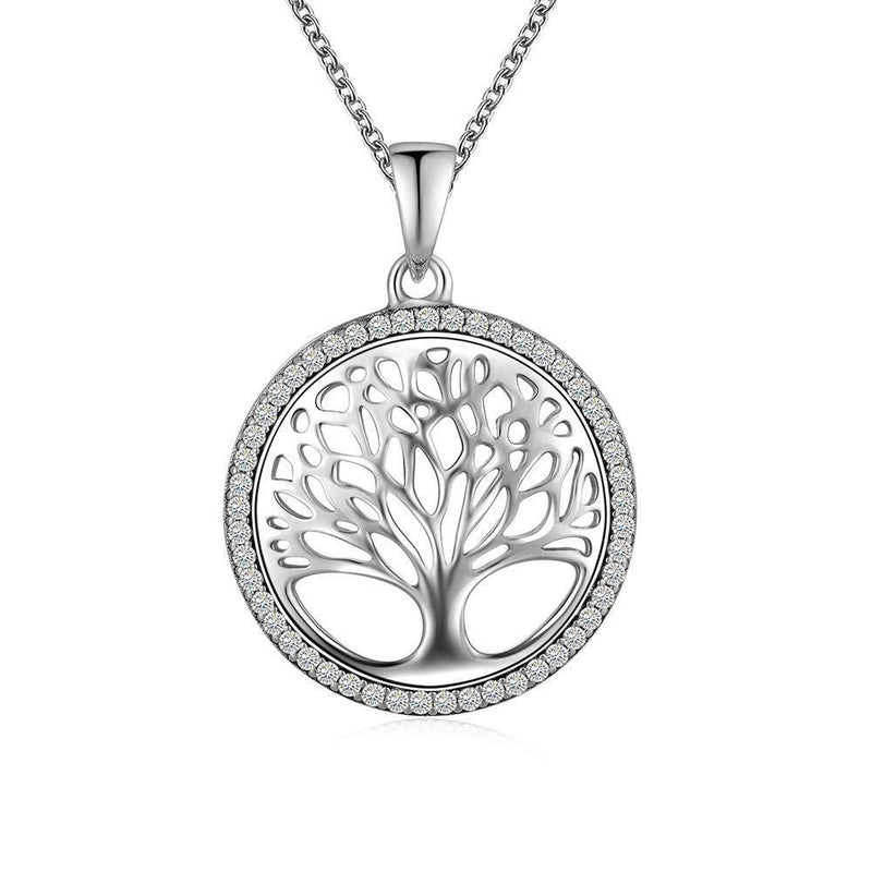 [Australia] - fei liu Women 925 Sterling Silver Tree of Life Necklace Edged in a Highly Polished Silver Tree Surrounded by Cubic Zirconia 