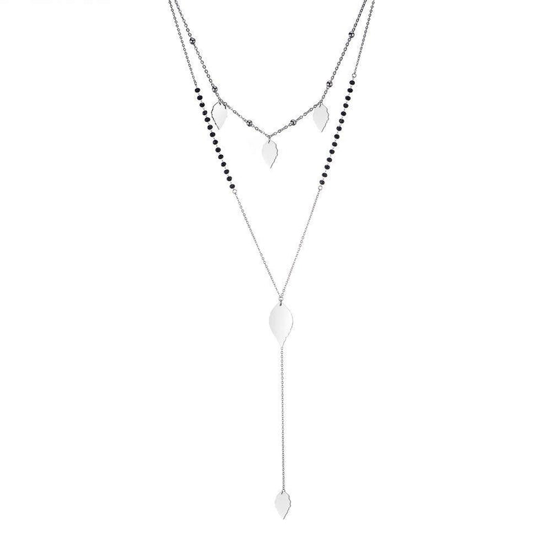 [Australia] - PJ Leaf Pendant Choker Necklace for Women, Stainless Steel Double Layered Long Chain Black Crystal Beads Necklace Sexy Y Women Jewelry 