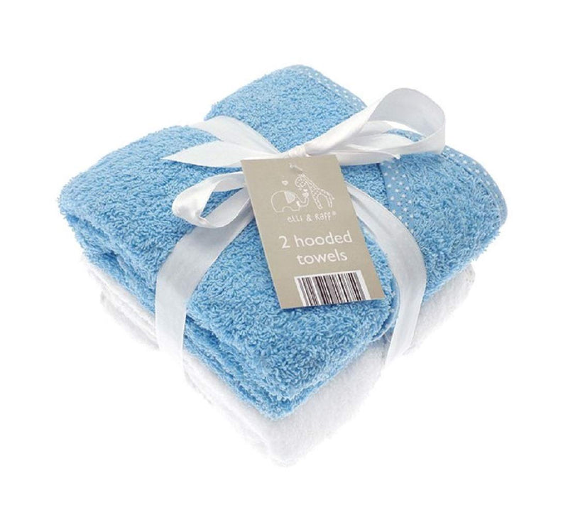 [Australia] - 2 Soft White Elli and Raff Baby Hooded Bath Time Towel 100% Cotton Baby Gift (Blue) Blue 