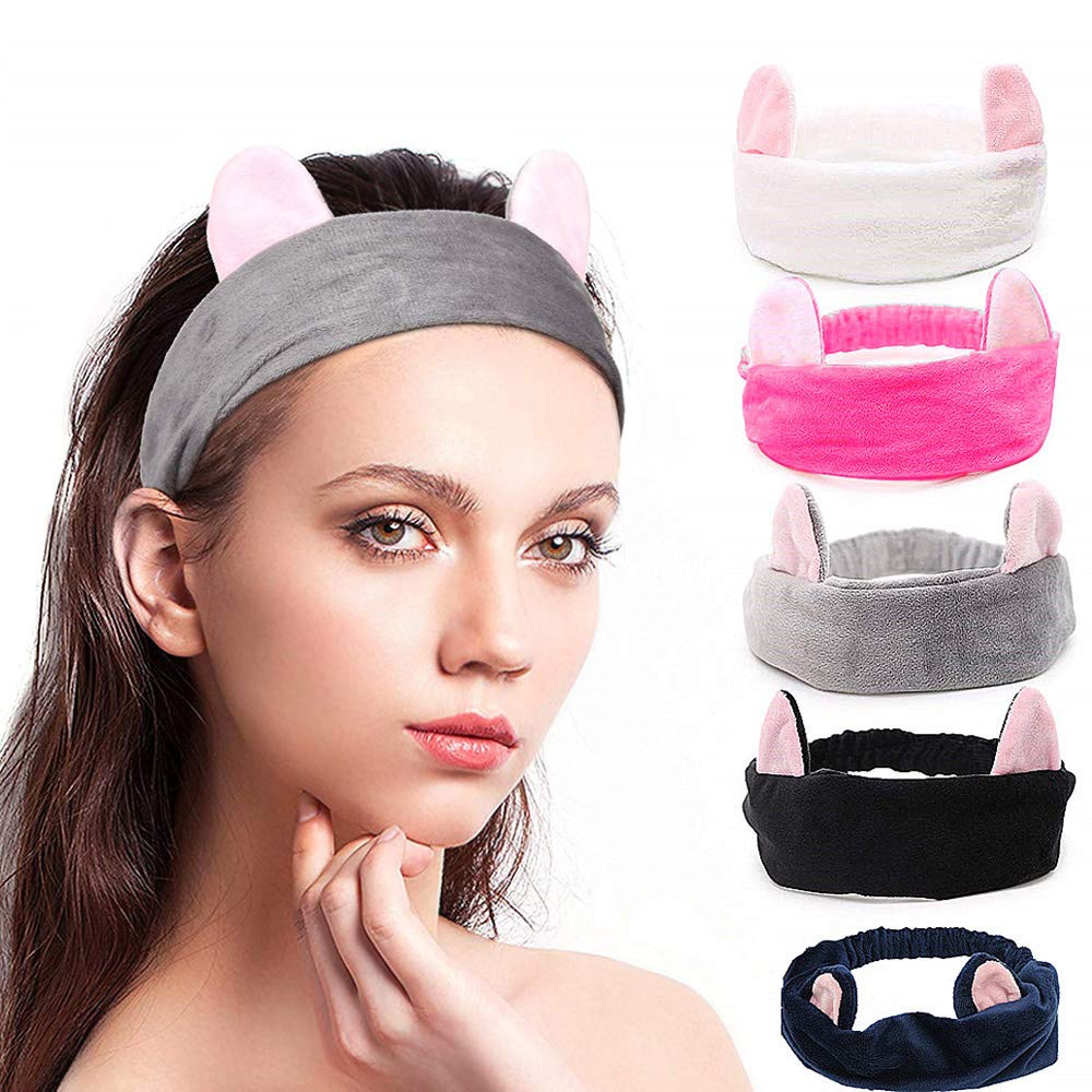[Australia] - SUNTRADE 5Pack Cat Ear Hair Band Women Wash Face Hairbands for Makeup Running Sport 