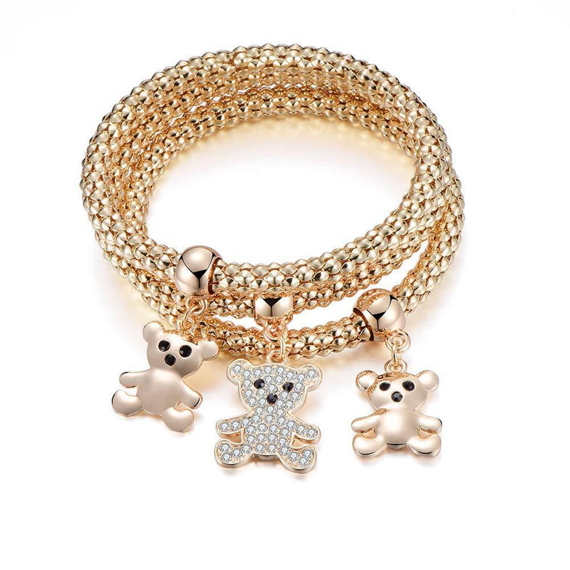 [Australia] - Ouran 3pcs Stretch Bracelet for Women, Popcorn Chain Bracelet with Charm Pendant Rose Gold and Silver Cuff Bracelet for Friends,Mom Gift (3pcs/Set) #3 Bear Gold Plated 