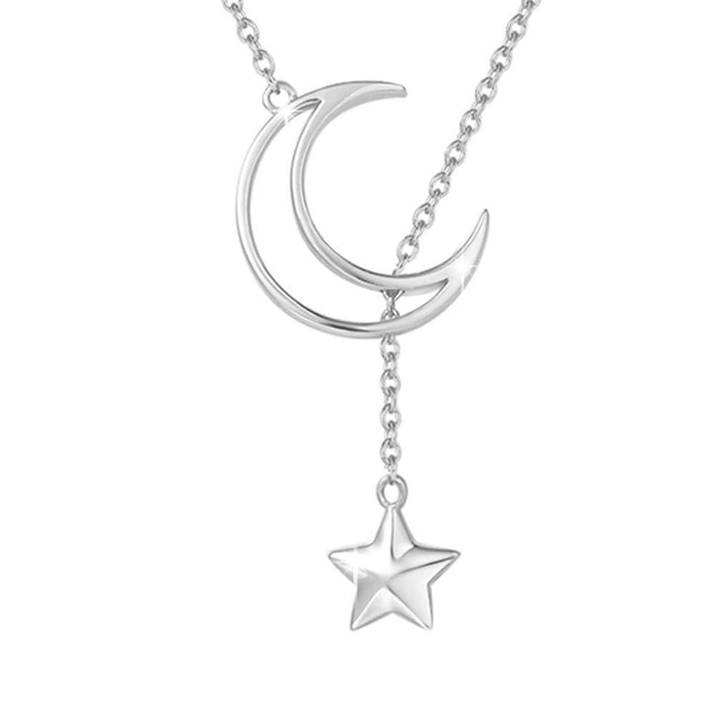 [Australia] - 925 Sterling Silver with White/Yellow Gold Plated Moon & Star Pendant Necklace Jewellery for Women Girls with Gift Box - Chain Length: 16+2 Inch Nl-silver-moonandstar 