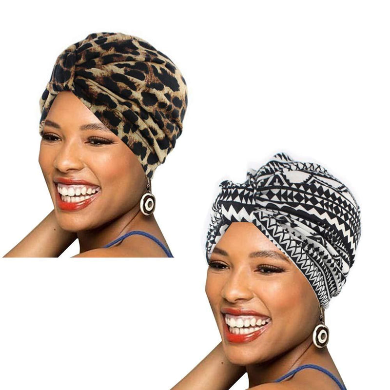 [Australia] - BABAHU 1Pack / 2Packs Women Turban African Pattern Cotton Knotted peas pre-Tied hat Makeup Cap Hair Loss Cap 2pcs-colour01+colour03 