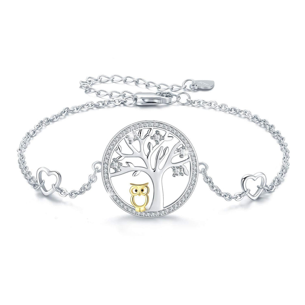 [Australia] - Tree of Life Owl Bracelet 925 Sterling Silver Cut Owl Adjustable Bangle Jewellery Gifts for Women Mum Girls with Gift Box 