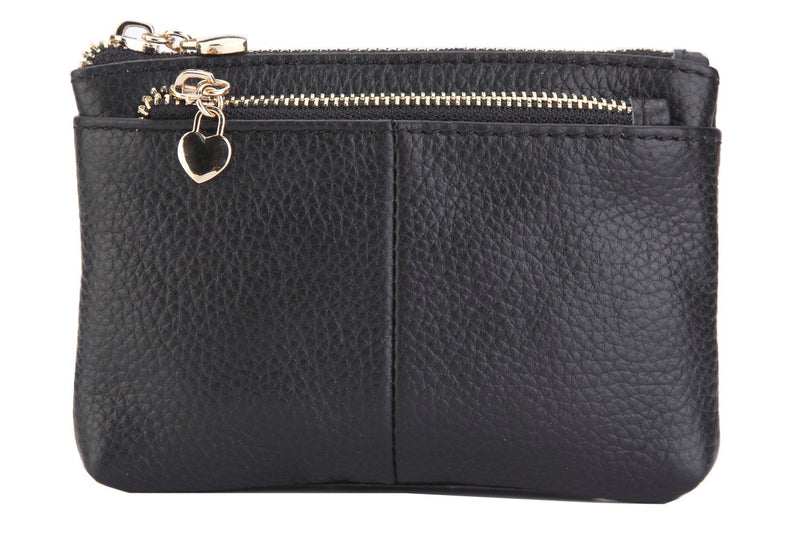 [Australia] - Women Genuine Leather Zip Mini Coin Purse with Key Ring Triple Zipper Card Holder Wallet (Black) Black 