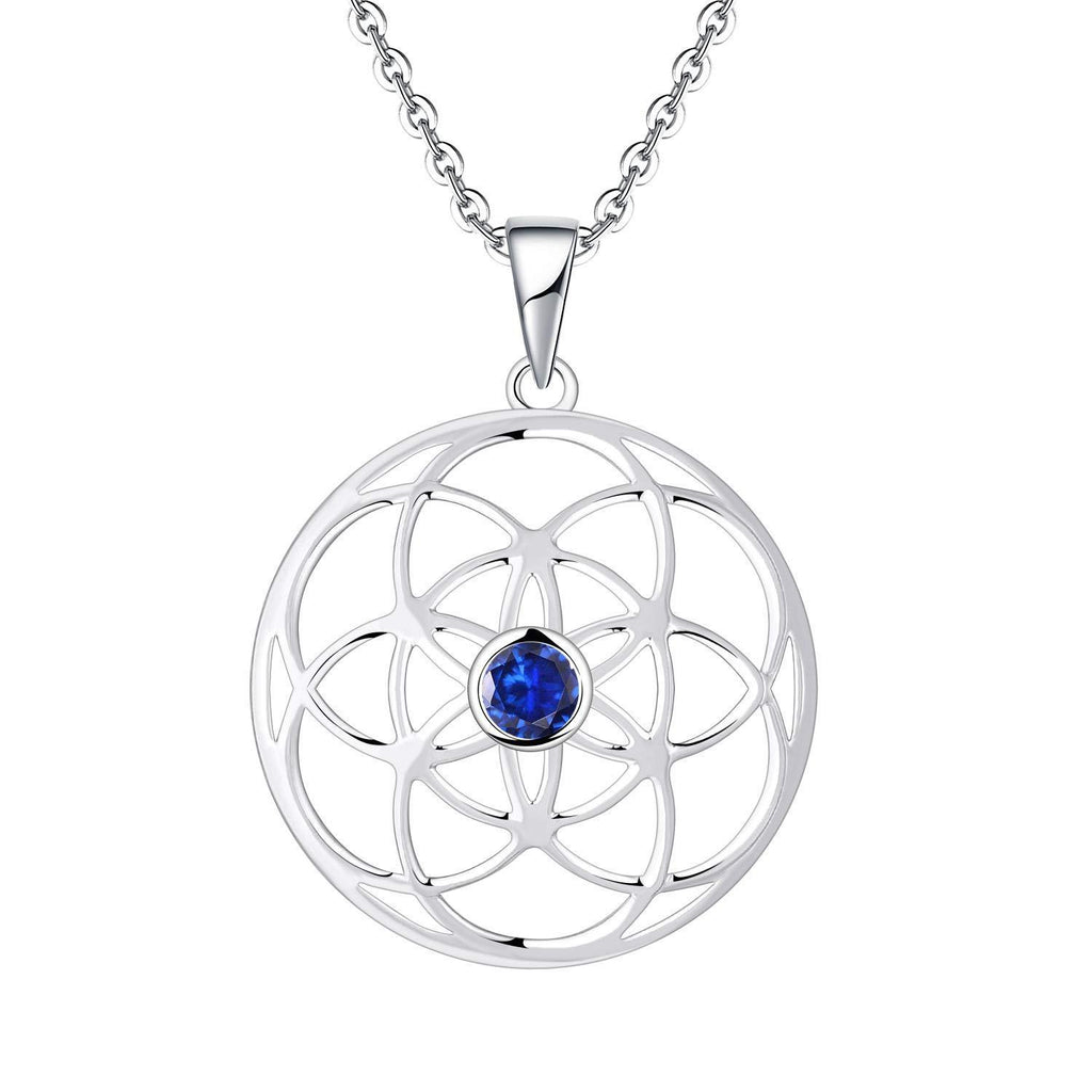 [Australia] - JO WISDOM Seed of life Necklace,925 Sterling Silver Flower of Life Amulet Yoga Pendant Necklace with 3A Cubic Zirconia Jewelry for Women September,sapphire Color 