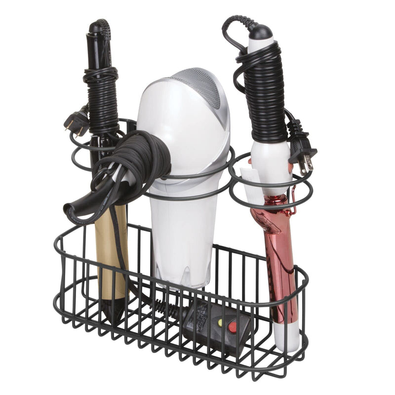 [Australia] - mDesign Hair Dryer Holder Shelf — Hair Dryer Storage Unit with Multiple Storage Slots — Wall-Mounted Hanging Basket and Compartments — Black 