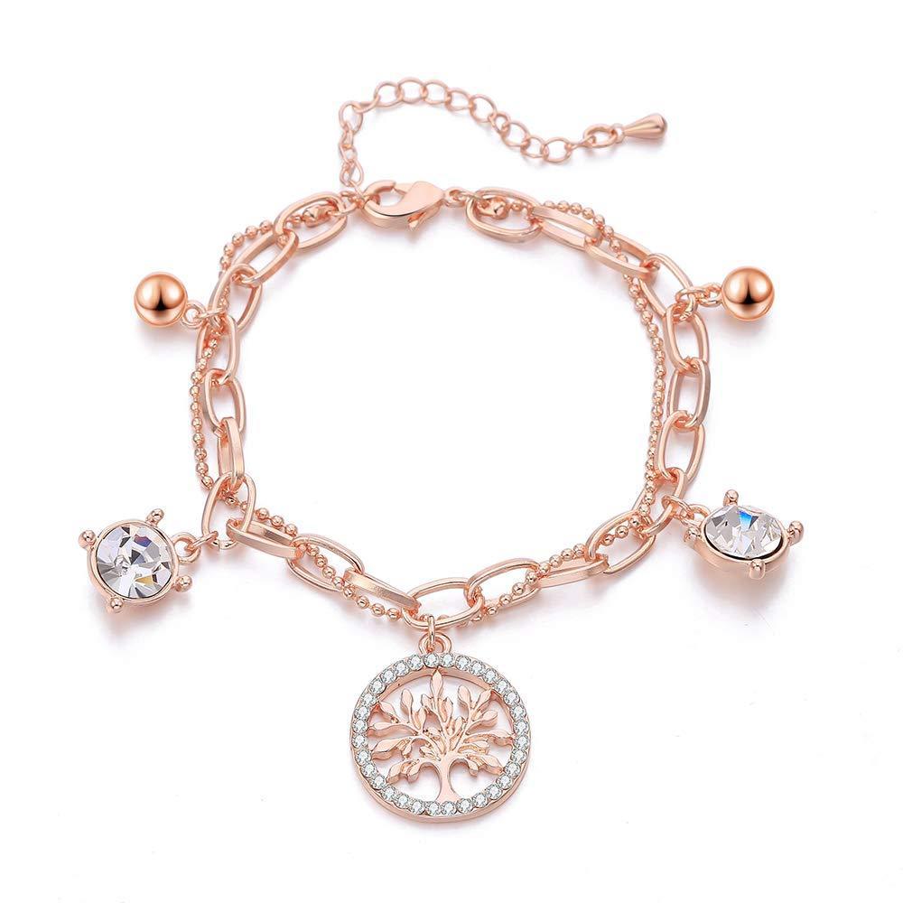 [Australia] - Ouran Link Bracelet for Women, Multi-Layer Chain Bracelet with Charm Tree of Life Pendant Rose Gold and Silver Wrist Cuff Bracelet for Friends,Mom Gift 