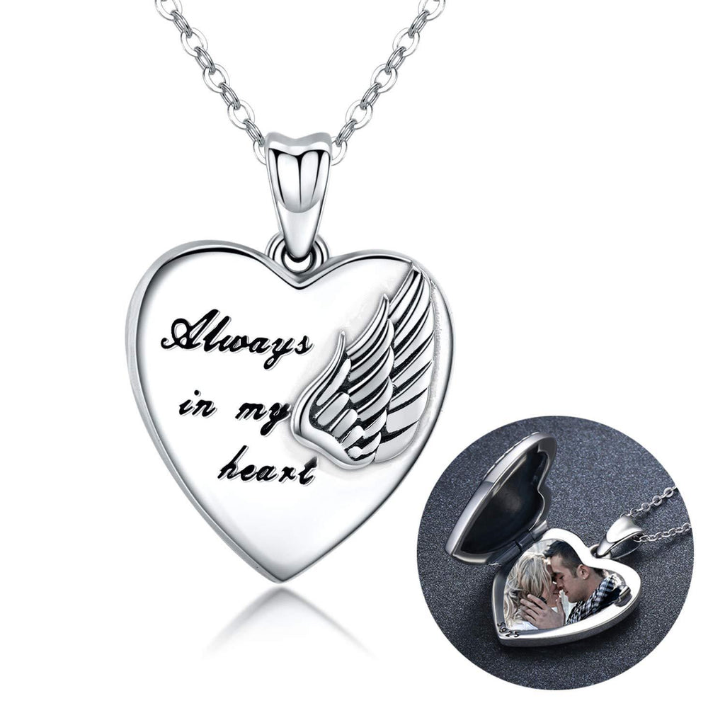 [Australia] - Sterling Silver Locket Necklace That Holds Pictures Guardian Angel Wings Heart Locket Pendant Necklaces Always in My Heart Photo Lockets Keepsak Gifts for Women Girl Silver-01 