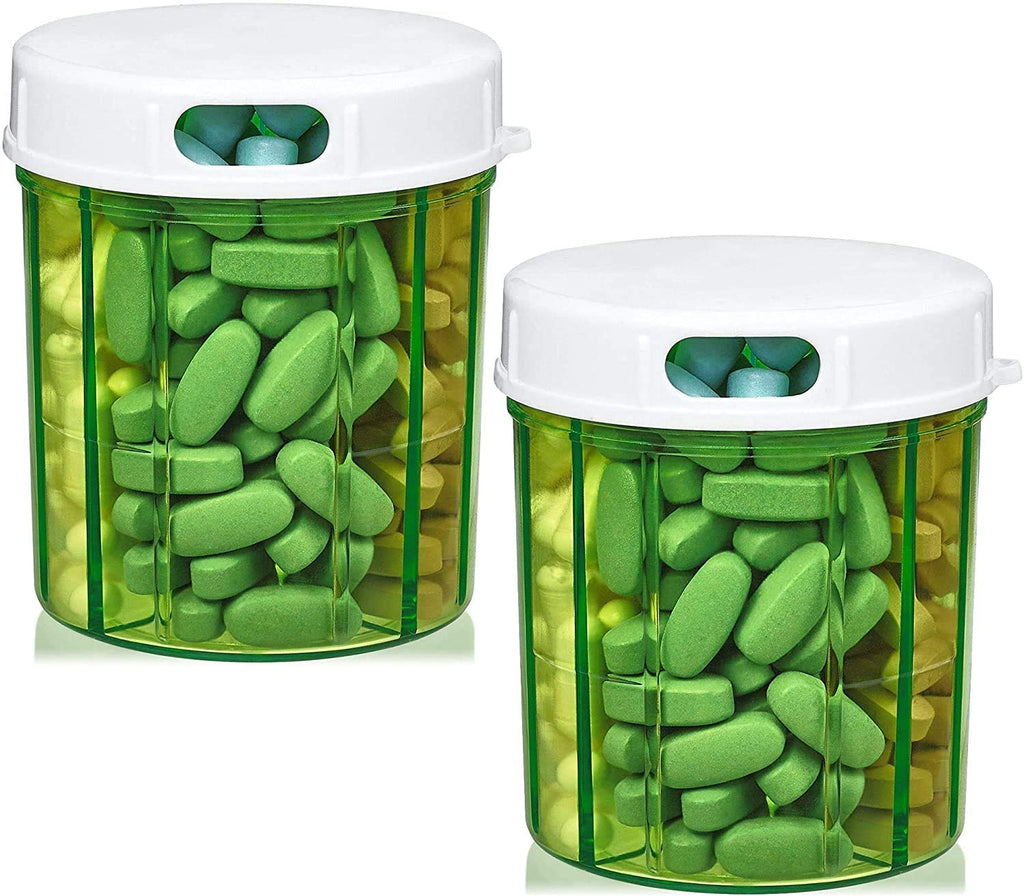 [Australia] - Round Pill Organizer Dispenser - Pack of 2 - Pill Boxes with 4 Compartments for Medication, Vitamins & Supplements Bottle Daily Pill Case Reminder Box 