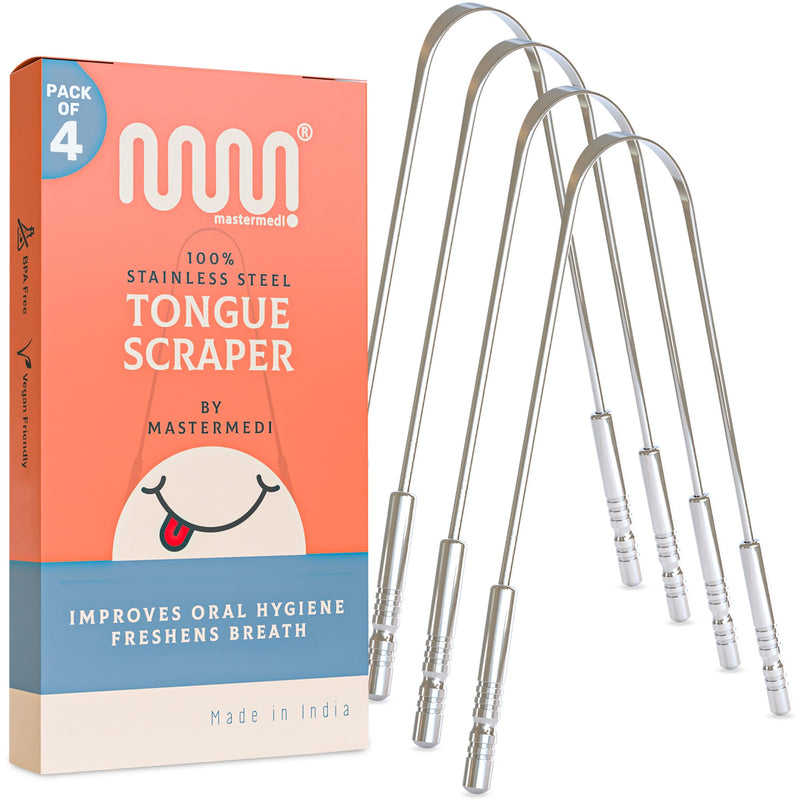 [Australia] - MasterMedi 100% Stainless Steel Tongue Scraper - 4 Pack, Fights Bad Breath, Great for Oral Care, Medical Grade Tongue Cleaner for Adults and Kids, Easy to Use with Non-Synthetic Handle 4 Count (Pack of 1) 