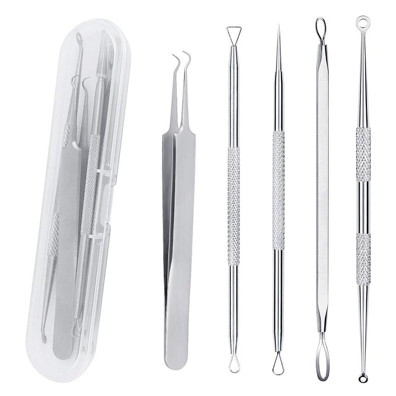 [Australia] - 5PCS Blackhead Remover Tool Set Acne Extractor Comedone Pimples Spot and Zit Removal Tool With Case (Silver) Silver 