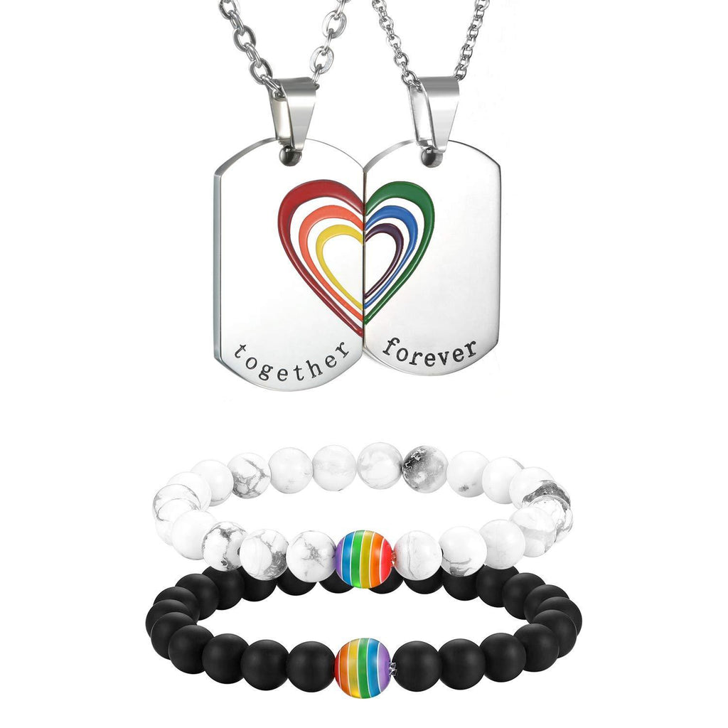 [Australia] - Aroncent 2 PCS Rainbow Gay Lesbian Stainless Steel Necklace and Magnetic Leather Bracelets LGBT Pride Necklace & Bracelet 2 