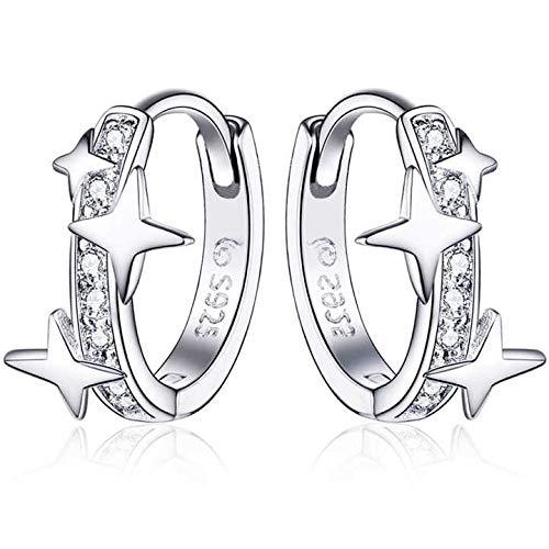 [Australia] - Qings Huggie Hoop Earrings 925 Sterling Silver Small Earrings with Stars Bling Cubic Zircons Gift for Women Girls 