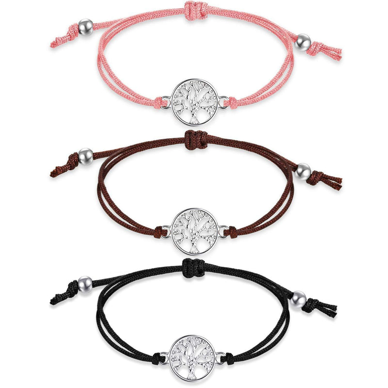 [Australia] - 3 Pieces Tree Bracelet Adjustable Bracelet Textile Band Gift for Friendship, Thank You, Wish Black, Brown, Pink 