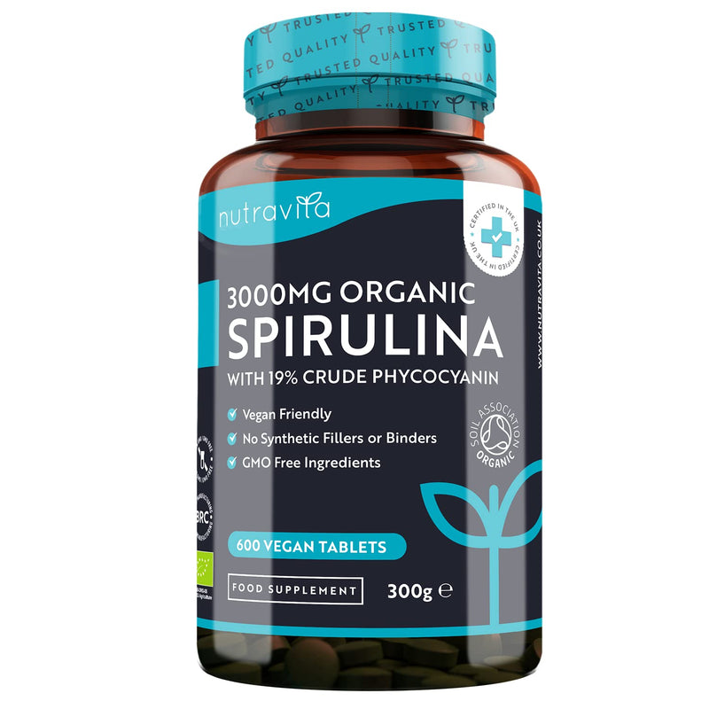 [Australia] - Organic Spirulina 500mg (3000mg per Serving) with 19% Crude Phycocyanin - 600 Vegan Tablets - Certified Organic Blue Green Algae by Soil Association - Made in The UK by Nutravita 