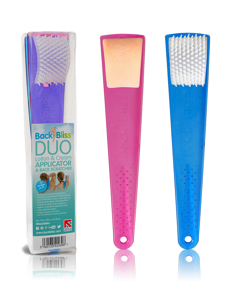 [Australia] - Back Lotion Applicator Easy Reach Body Cream Applier & Back Scratcher for Men and Women - BackBliss Pamper Pack for Body Exfoliation and Body Skin Moisturizer. Made in Britain - Set of Two Pink/Blue Double Pack 