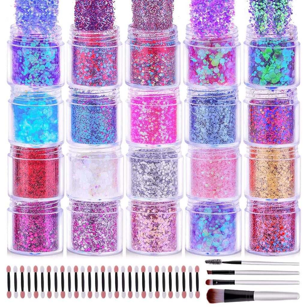 [Australia] - 200g Festival Glitter, Cridoz 20 Colors Eye Face Hair Glitter for Body Chunky Craft Glitter Makeup Cosmetic Face Painting Nails Art 