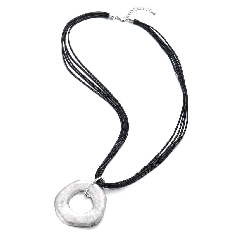 [Australia] - COOLSTEELANDBEYOND Black Multi-Strand Long Cotton Ropes Necklace Brushed Finishing Irregular Large Open Circle Charm 