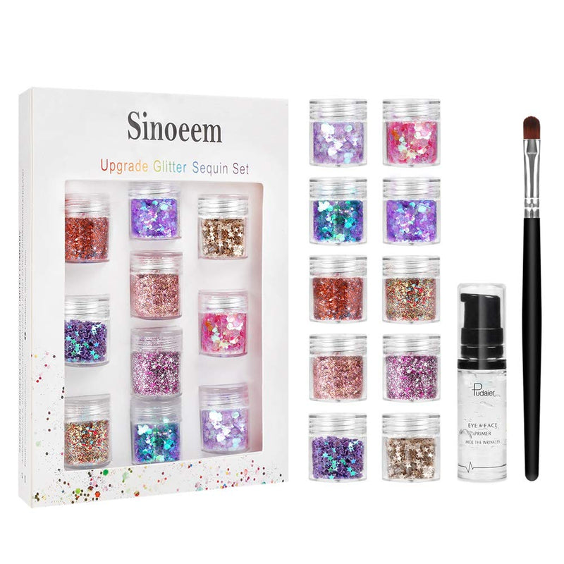 [Australia] - Sinoeem 10 Face Glitter Cosmetic Reflective Chunky Cosmetic Glitter for Face Body and Hair(Includes Long Lasting Fix Gel and brush) Festival and Party Beauty Makeup (10 Color) 10 Colors+ Gel and brush 