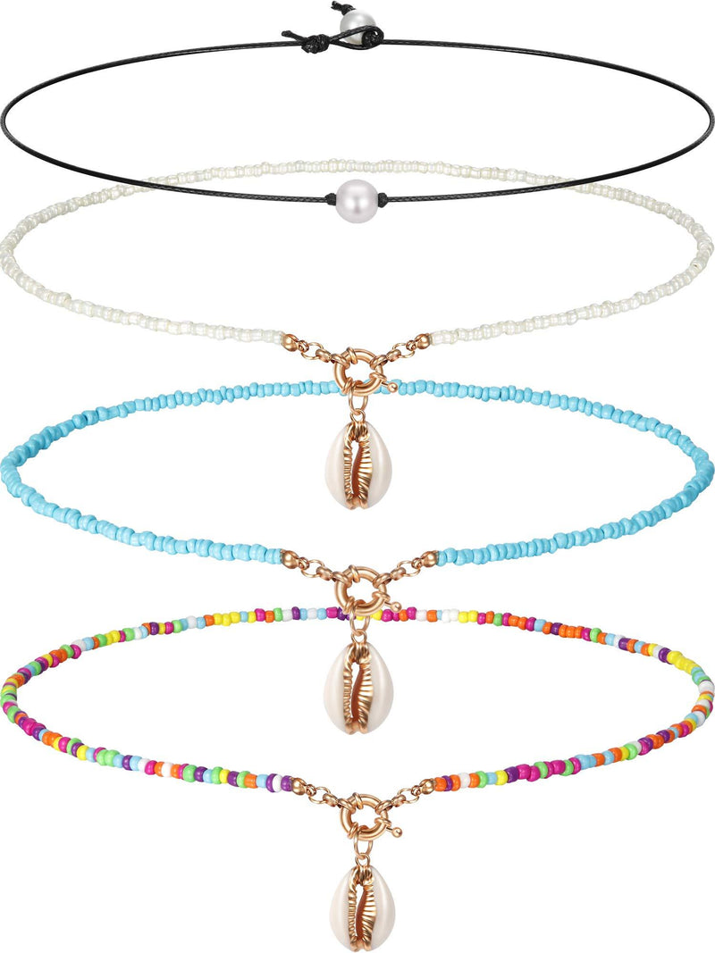[Australia] - 4 Pieces Beads Choker Single Bead Necklace Beige Beads Necklace Colorful Beads Choker Necklace Blue Beads Choker 