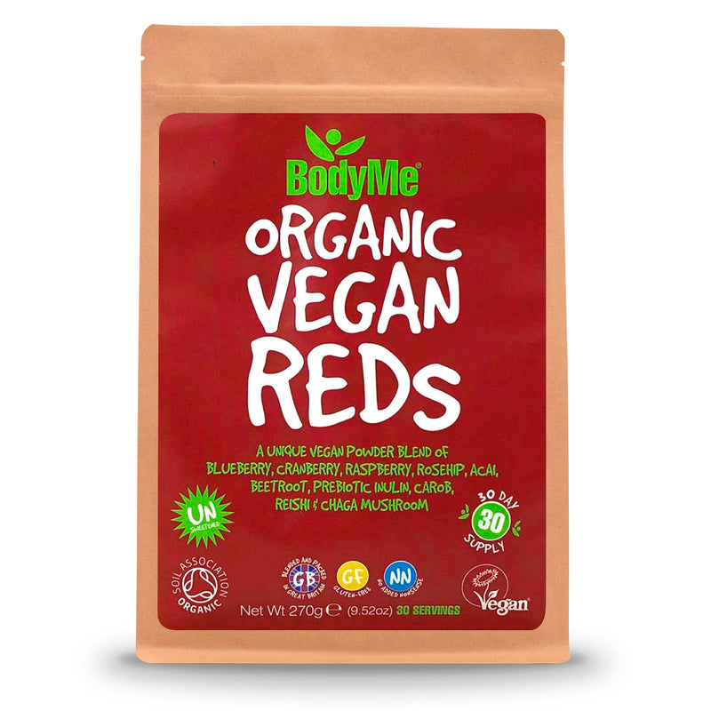 [Australia] - BodyMe Organic Vegan Reds Powder | 270g | Super Reds Blend | with Blueberry Cranberry Raspberry Rosehip Acai Beetroot Prebiotic Inulin Carob Chaga Mushroom Reishi Mushroom 