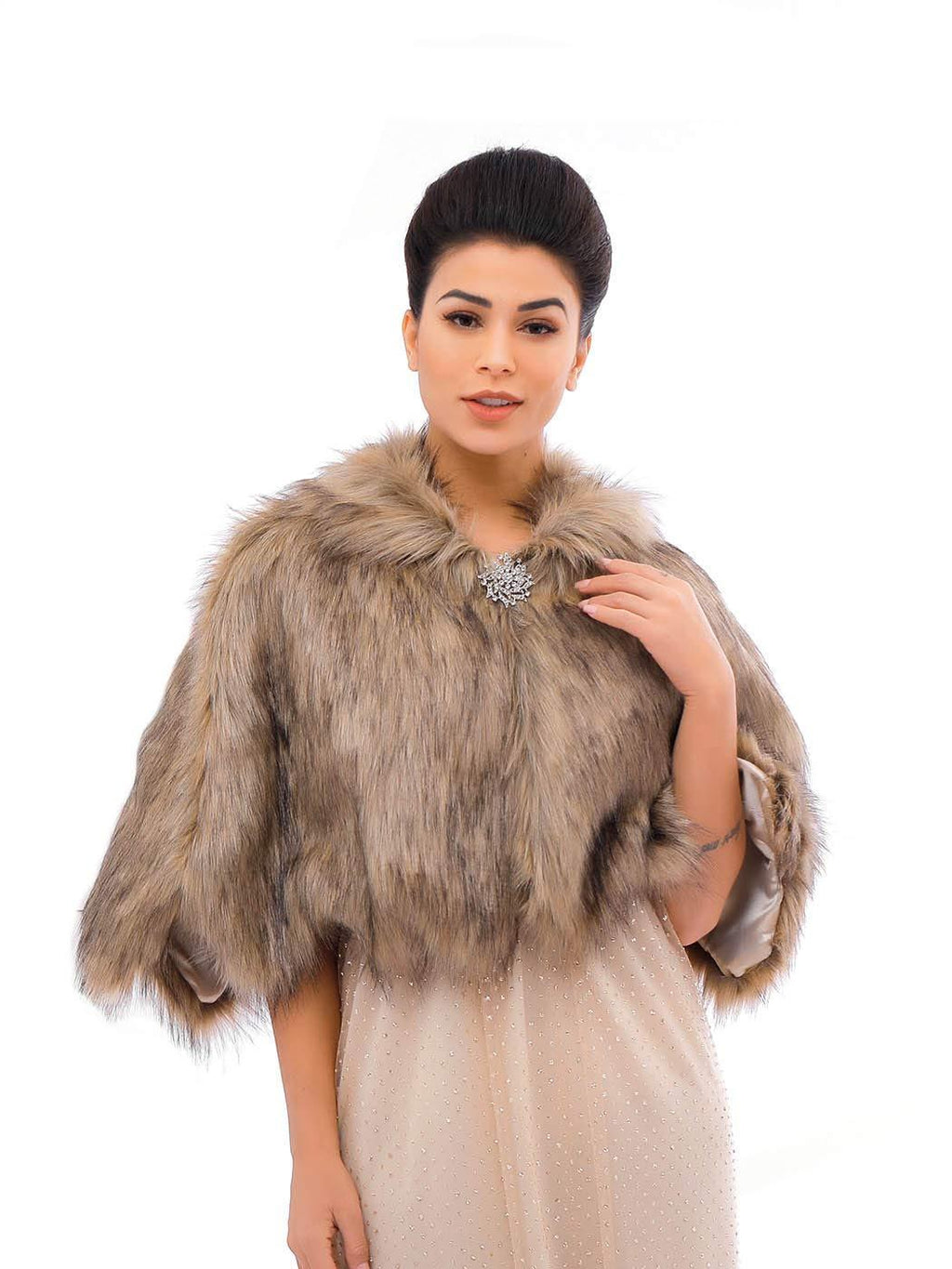 [Australia] - Unicra Women's Brown Sleeveless Faux Fur Shawl Wedding Fur Wraps and Shawls Bridal Fur Stole for Brides and Bridesmaids 