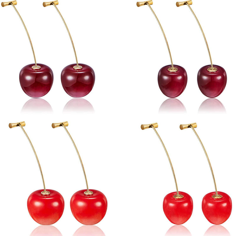[Australia] - 4 Pairs Cherry Earrings Cherry Sweet Earrings 3D Cherry Dangle Earrings with 10 Pieces Ear Lines for Women and Girls 