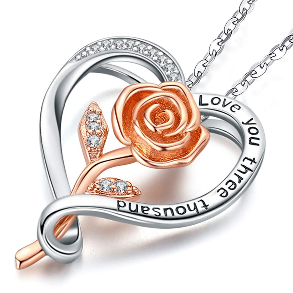 [Australia] - Sterling-Silver-Heart-Necklaces for Women, Rose Gold Plated Flower Love Pendant, Cubic Zirconia Jewellery Gift, Presents for Ladies Mum Wife Girlfriend Love You Three Thousand Rose Heart 