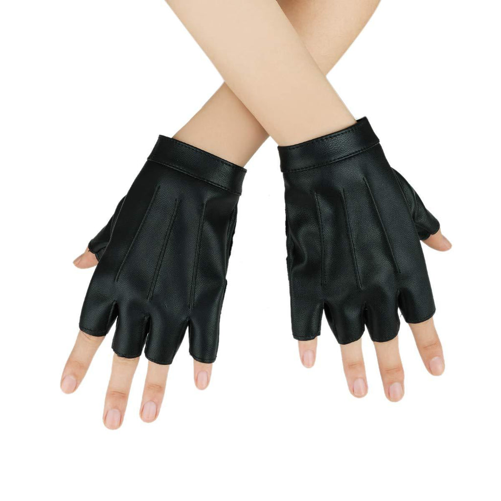 [Australia] - JISEN Women Punk Half Finger PU Leather Performance Gloves B-black 