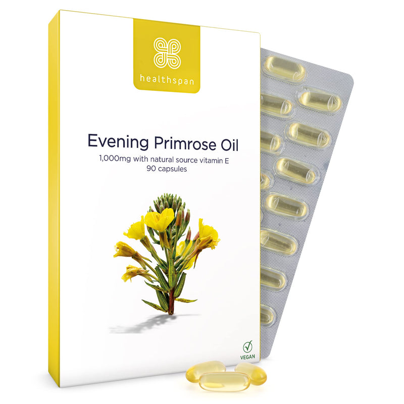 [Australia] - Healthspan Evening Primrose Oil 1,000mg (90 Capsules) | Omega 6 Fatty Acids | Women's Health | Added Vitamin E | Gamma Linolenic Acid & Linoleic Acid | Protects Cells from Oxidative Stress | Vegan 90 Count (Pack of 1) 